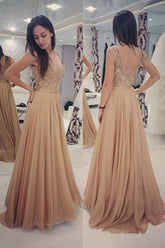 Cheap Backless Beaded A-lineChiffon Long Prom Dresses, Evening Dress, Formal Dress
